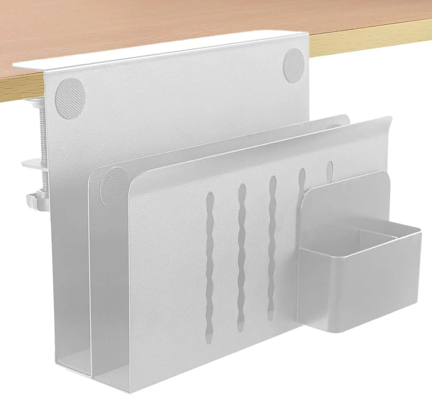 2-Tier Clamp-On Desk Side Storage Organizer (11.8"d x 5.8"w x 7.8"h, 30lbs Capacity, 4.61lb Weight) - No-Drill Hanging Caddy with Magnetic Pen Holder for Office Use, Holds Laptop, Tablet, Stationery, Documents, Accessories (White)