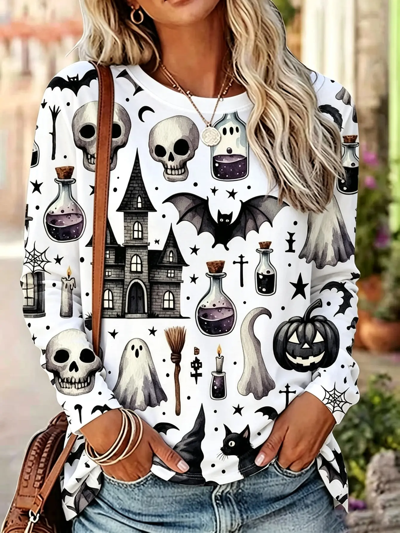 Women's Plus-Size Long-Sleeve Crew Neck Halloween Prints T-Shirt - Skull Motifs, Witch, Ghost Designs, Relaxed Regular Fit, Casual Wear Cold Wash Pullover Top for Fall Fashion