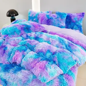 Blue Purple Fluffy Twin Bedding Sets for Girls 3Pcs Faux Fur Plush Shaggy Kids Duvet Cover Set Twin Size Tie Dye Velvet Furry Comforter Cover Set
