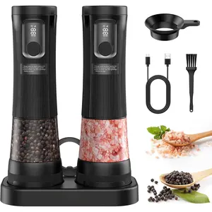 Electric Salt and Pepper  Set, Upgrade 2-Speed Setting, External 5 Adjustable Coarseness, Rechargeable Automatic Salt & Pepper Shakers Mill with  Display, Storage Base & Led Light, Black