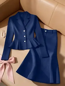 Two-piece women's blue single-breasted Fitted waist-cinching pleated hemline Long Sleeve suit jacket and skirt set, suitable for spring and autumn, for commuting and daily wear.