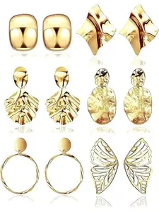 6pairs Statement Clip on Earrings Gold Dangle Earrings Set for Women Teengirls Geometric Hoop Wave Leaf Drop Earring Jewelry Style C