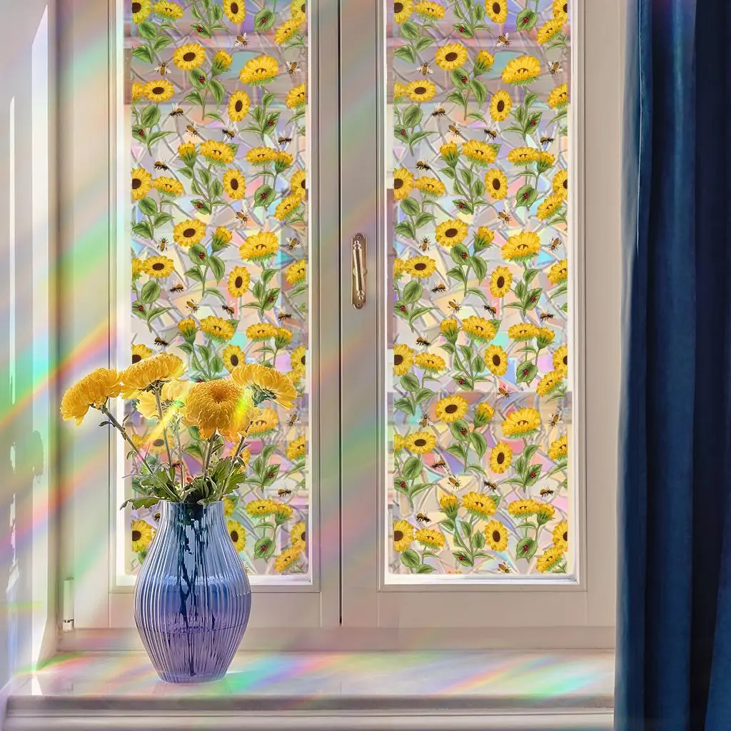 Sunflower Pattern Stained Glass Window Film, 1 Count Decorative Frosted Glass Window Privacy Film, Electrostatic Adsorption Non-stick Window Sticker for Front Door Bathroom, Ornaments, Flower Window Clings