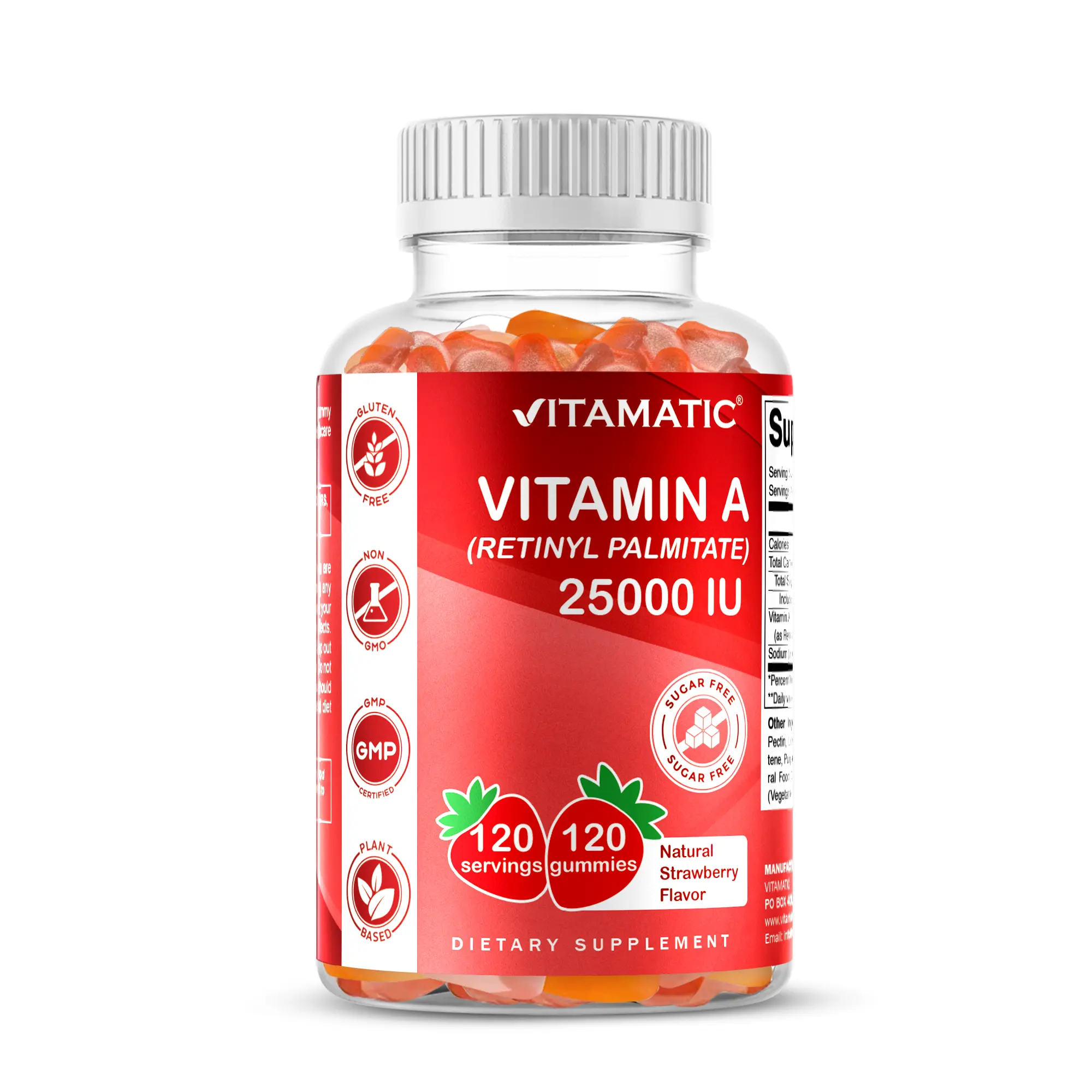 Vitamatic Sugar-Free Gluten-Free Chewable Vitamin A 25000 IU Dietary Vitamins Gummies (Retinyl Palmitate/Retinol) - Natural Strawberry Flavor Pectin-Based Supplement - 120 Count, 24-Month Shelf Life, Immune & Eye Health Support