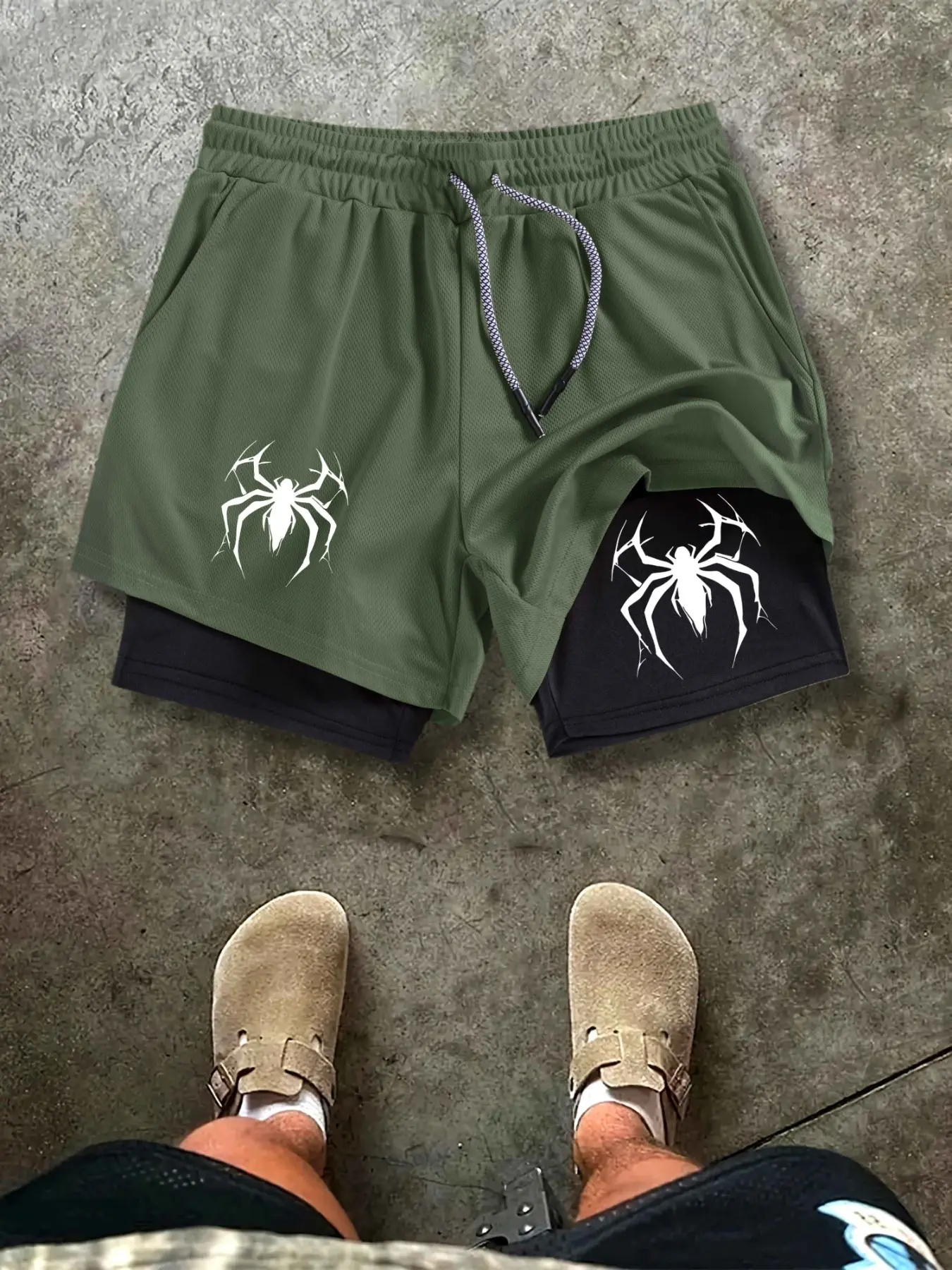 Men's Spider Print Two-In-One Shorts, Lightweight Breathable Summer Workout Pants, Comfortable Fitness Apparel for Men