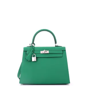 Pre-owned HERMÈS Leather Top Handle Bags Hermes Kelly Handbag Vert Vertigo Epsom with Palladium Hardware 25 by Rebag
