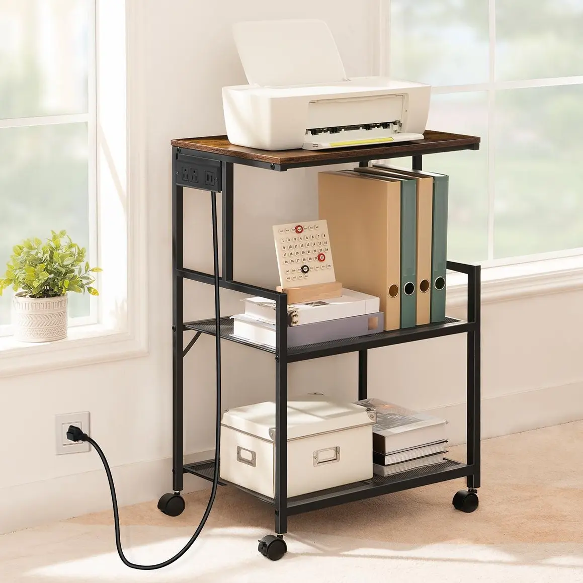 MAHANCRIS 3-Layer Sturdy Mobile Printer Stand with Storage Rack - Lockable Wheels Cart, 2 Standard Outlets, 2 USB Ports, 20.5"l x 15.7"w x 32.1"h, Books Storage, Home Office Kitchen Organizer