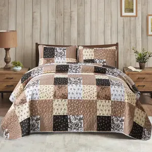 Brown Patchwork Queen/King Size Quilt Set Micorfiber Reversible Floral Farmhouse Bedspread Coverlet Set for All Season 3 Pieces All Sizes