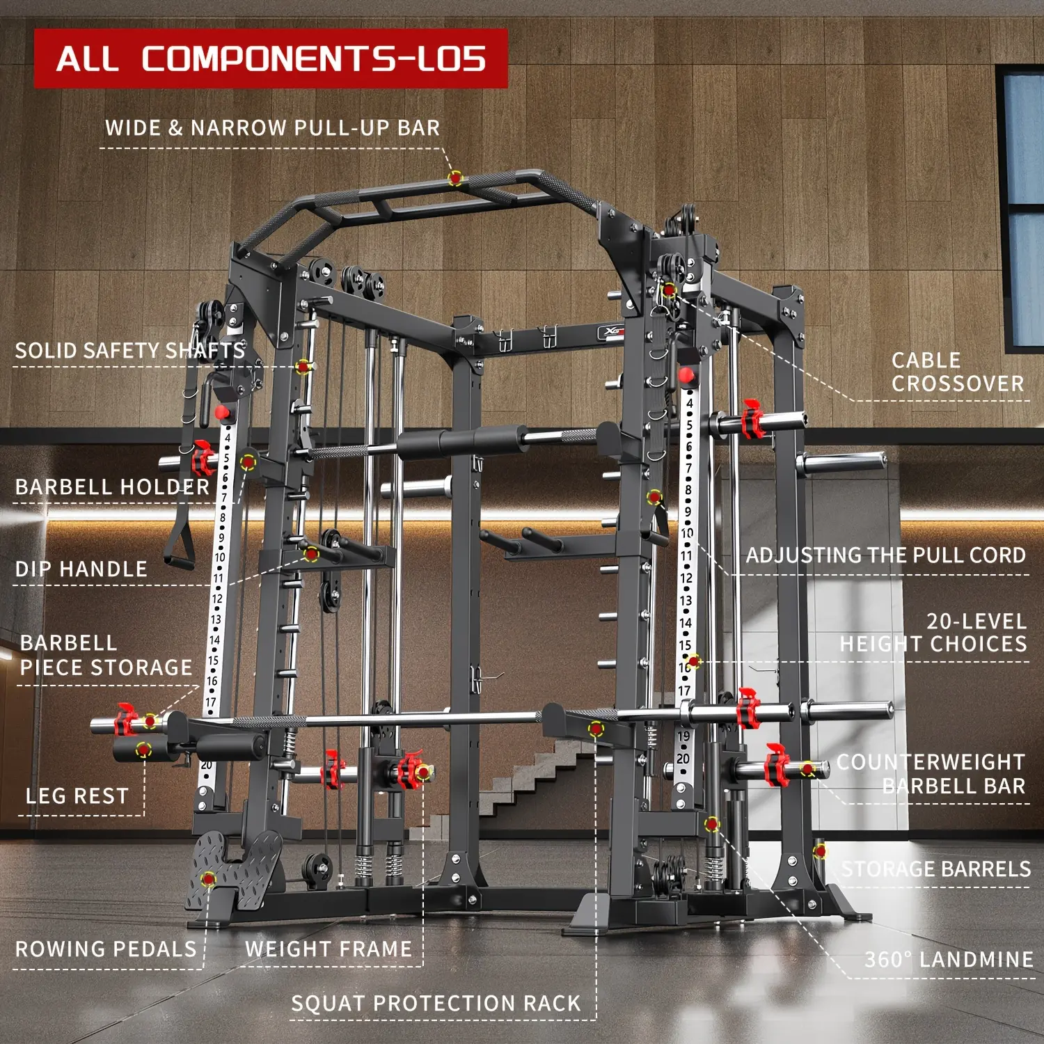 Smith Machine, Multi-function Squat Rack Power Cage L05 with Cable Crossover System, Strength Training Equipment, with Optional Weight Bench, Barbell Weight Set, for Home Gym