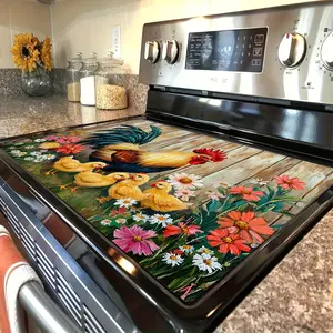 1pc Large Non-Slip Heat-Resistant Farmhouse Kitchen Mat with Rooster & Chicks Design - Extra 28x20.5 Inch Scratchproof Stove Top Protector for Electric Glass Stoves, Ovens, Washers, Dryers - Durable Fabric Appliance Cover in Red, Yellow, Green