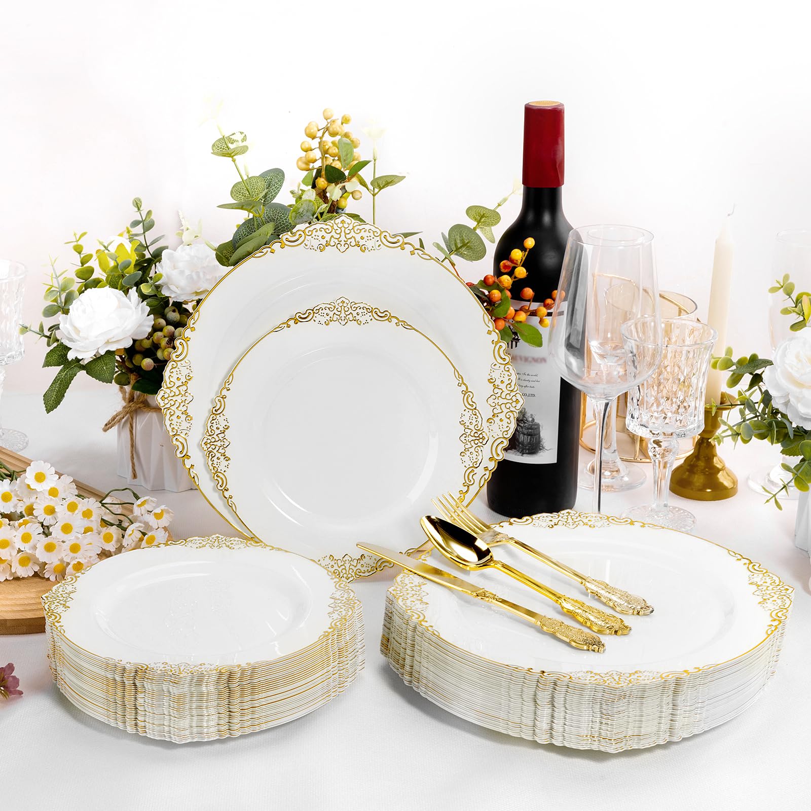 100 PCS White and Gold Plastic Plates for 50 Guests, Gold Disposable Plates Include 50 PCS Dinner Plates, 50 PCS Dessert Plates for Party, Wedding and Graduation