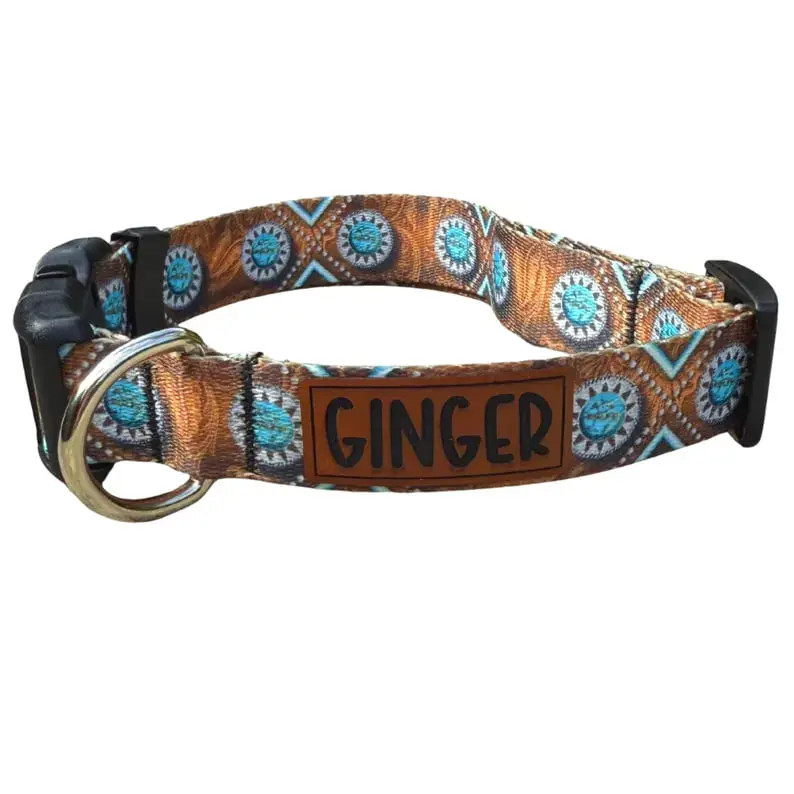 Personalized Western Dog Collar: Engraved Leather Name Patch, Turquoise Pendant