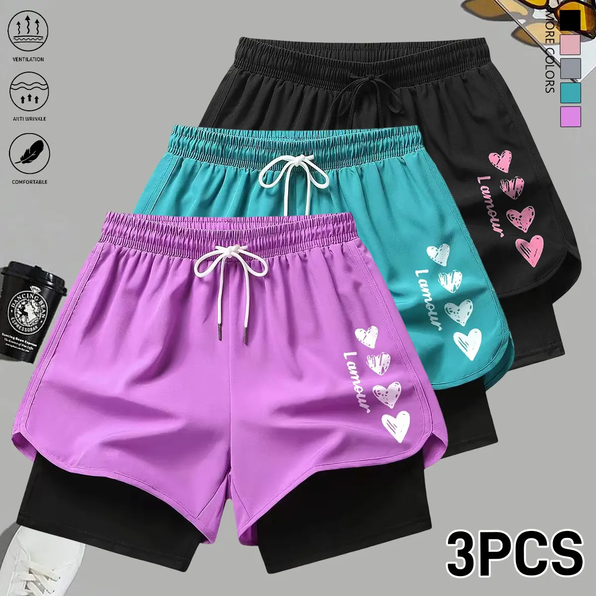 3-piece set: summer casual shorts with a faux two-piece design and an adjustable elastic waistband; suitable for yoga, running, badminton, home wear, and more; women’s shorts. women