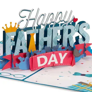 Paper Love Happy Father's Day Pop Up Card 5"x7" 3D Design with Removable Note Tag Premium Cardstock Laser Cut Details Elegant Metallic Cover