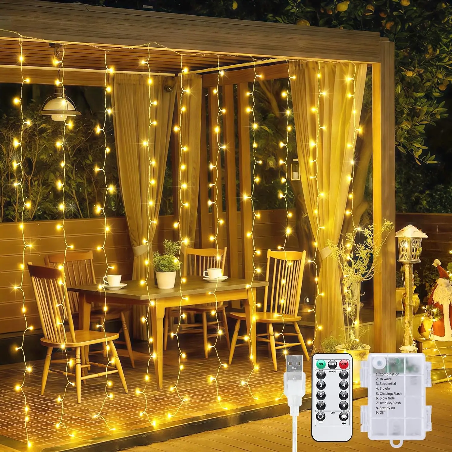 JMEXSUSS 200 LED Curtain Lights Battery Operated & USB Plug in, 8 Modes Warm White Curtain Hanging String Lights Indoor Outdoor for Bedroom Backdrop Wall Dorm Wedding Party Patio Christmas Decorations, Dimmable Led Lights, Waterproof Led