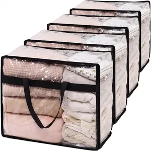 Blanket Storage Bags 60L Extra Large Plastic Vinyl Clear Storage Bag for Clothes Comforter Bedding Moving Bags with Zipper and Reinforced Handle (4pcs)