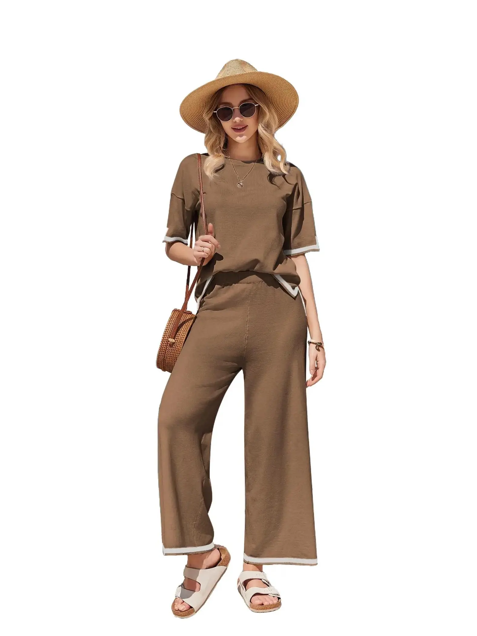 Ekouaer Women's Basic 2-Piece Loungewear Set, Soft Solid Knit Clothes with Crew Neck Top and Wide Leg Pants, Casual Nightwear, Patchwork, Pullover, 2 Piece Sets, Women 2 Piece Sets