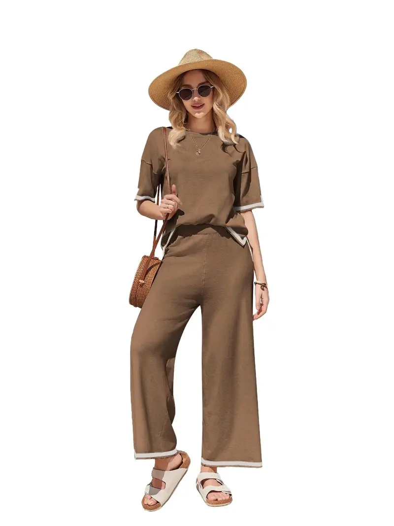 ekouaer women's knitted short sleeved top paired with wide leg pants with pockets, 2-piece set, suitable for s-XXL Nightwear ome wear pajama set