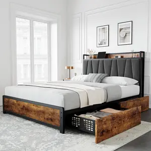Garvee Full Size Bed Frame with Linen Upholstered Headboard, 4 Storage Drawers, Built-in Charging Station, Platform Design, No Box Spring Needed, Easy Assembly, Rustic Brown Finish