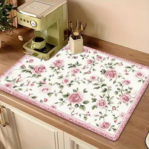 Floral Printed Polyester Dish Drying Mat - 1pc Multi-Use Kitchen Accessory for Tableware, Coasters - Giftable Kitchenware Addition
