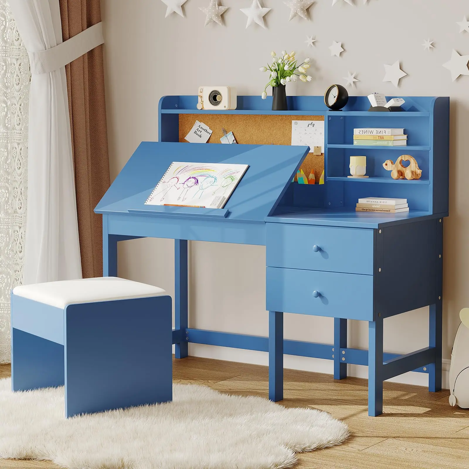 Kids Desk and Chair Set, Wooden Study Table with Adjustable Tilt Desktop, Drawers & Cork Board - Children School Learning Desk Set for Boys & Girls Ages 3-8, Blue