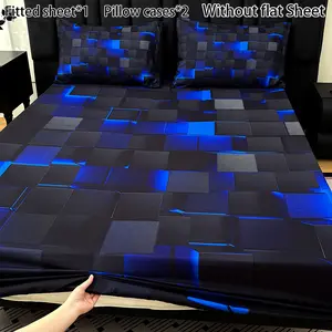 Checkered Pattern 3D Geometric Art Print fitted sheet set 3pcs - Soft & Breathable, Suitable for Bedroom, Guest Room & Dorm Decor, Includes fitted sheet*1 + 2 Pillowcases（Without flat Sheet） Organic Cotton Grounding Sheets Luxury Bamboo Cooling