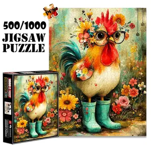 1pc 1000 piece adult puzzle 70x50cm Floral - Crowned Rooster with Glasses and Teal Rain Boots 500 pieces paper jigsaw puzzle suitable for DIY creative games for adults and families, birthday and h