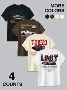 4-Pack JDM Car & Tokyo Street Aesthetic Graphic T-Shirts | Racing Streetwear Casual Tees Set