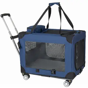 2-in-1 24'' Retractable Collapsible Travel Dog Crate for Medium-Large Dogs, Rolling Pet Carrier with Wheels & Handle, 3-Door Portable Folding Kennel with Mesh Doors & Windows, Bump-Free Ride, Rolling Mobility, Indoor Outdoor Use, Dark Blue