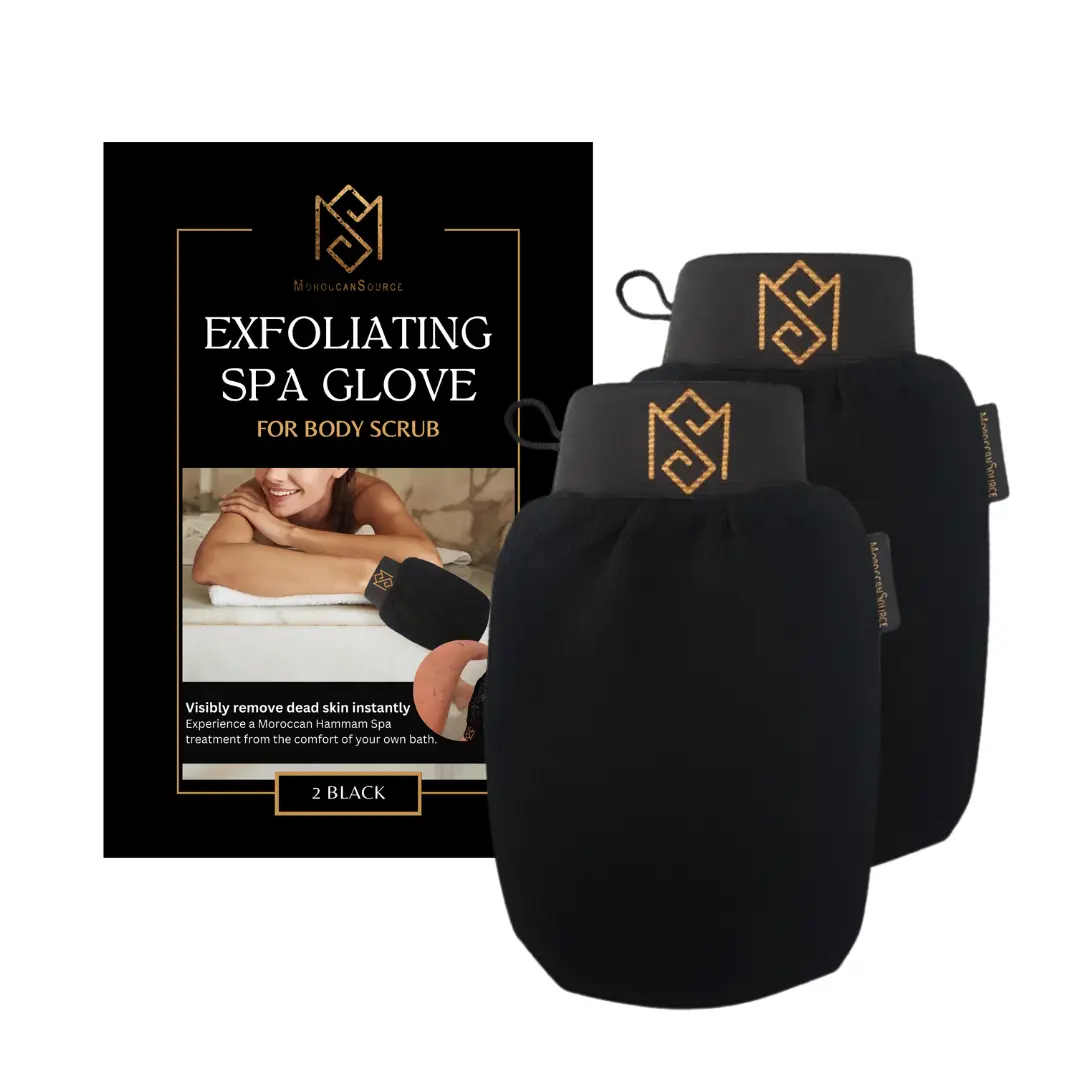 Exfoliating Glove Kessa Mitt Body Scrubber - Dead Skin Remover Shower Glove for Dead Skin Scrubbing and Deep Pore Cleansing - by MoroccanSource (2 Pack Black)