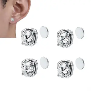 Magnetic Diamond Helix Stud Earrings for Men Women 2 Pairs Stainless Steel Clip on Earrings Unisex Non Piercing Cubic Zirconia Hypoallergenic