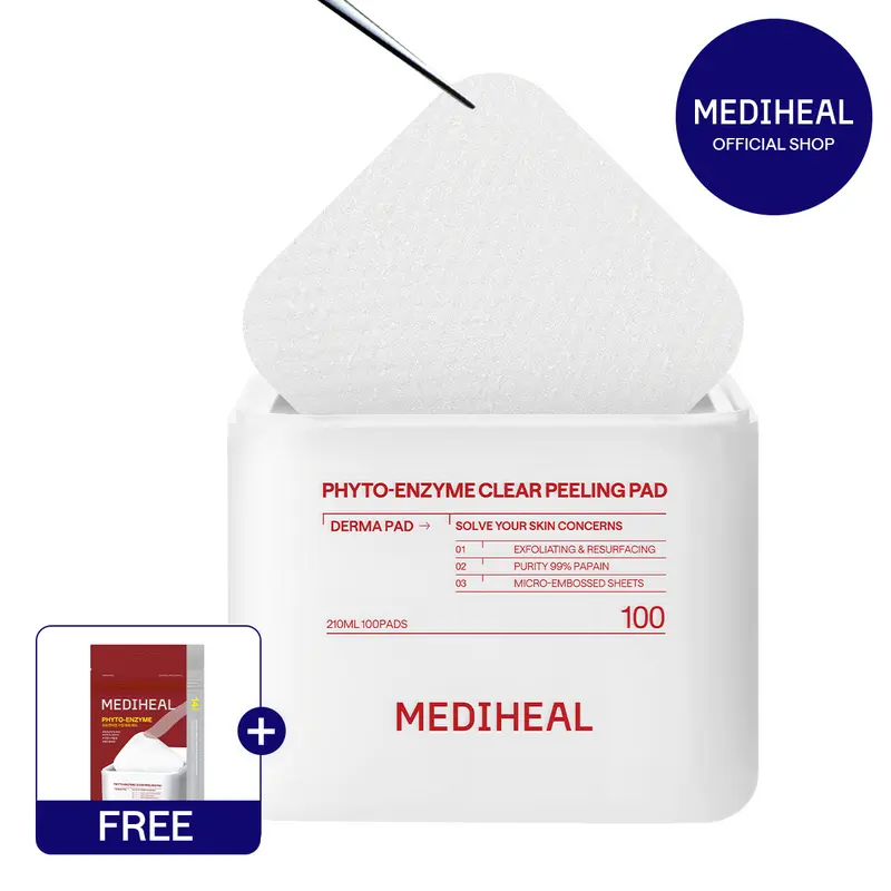 [MEDIHEAL] Phyto-Enzyme Clear Peeling Pad (100 pc) | 99% Pure Plant Enzyme + LHA | 96.93% Exfoliation & 96.49% Pore Cleansing Improvement | Dual-Sided Embossed Pads for Face & Body | Gentle Daily Peeling | Korean Skincare