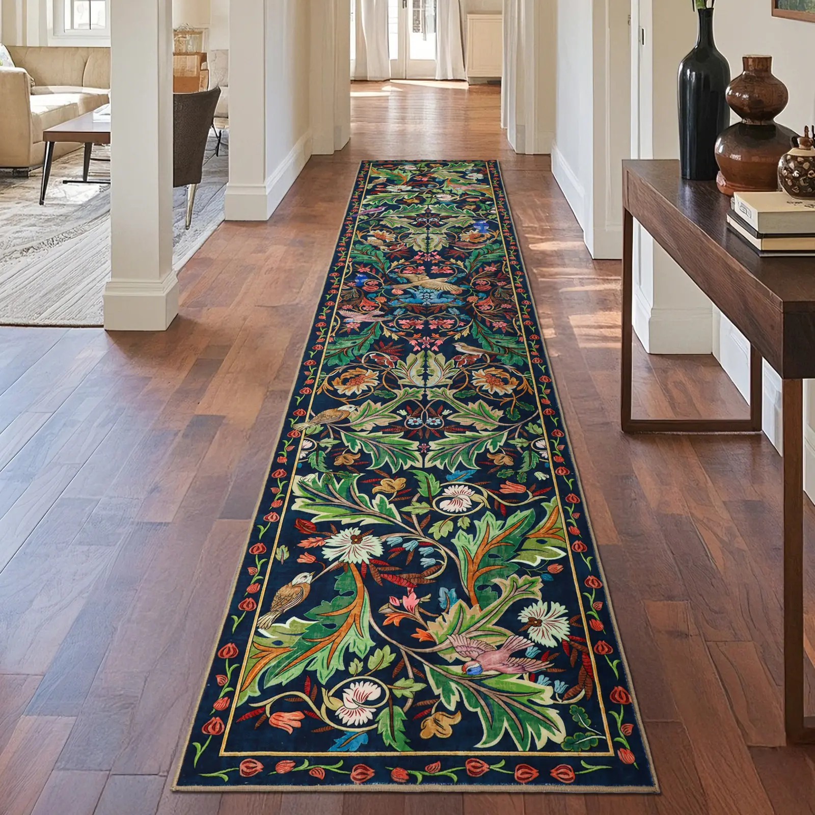 Geanup Bird Runner Rug Washable Soft Boho Floral Kitchen Laundry Rug, Non Slip Rubber Backing Low Pile Runner Rug for Entryway Bedroom Living Room Bathroom Carpet Boho Style Rug Boho Chic Rug