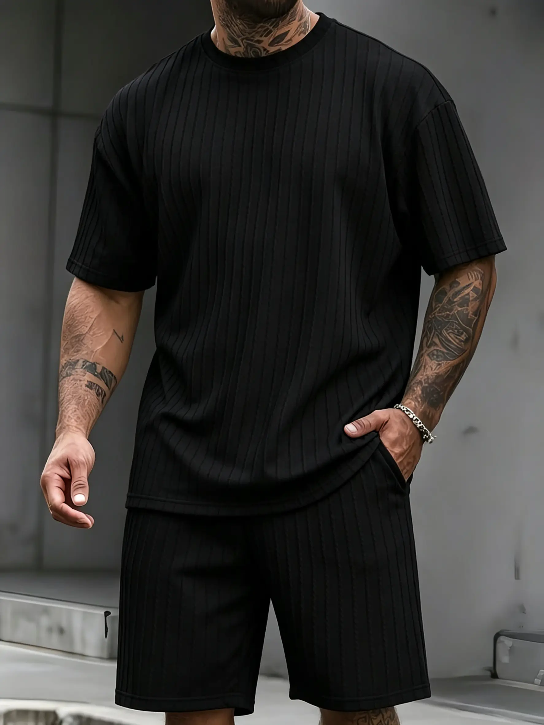 2-piece men's new textured fabric, casual loose round neck short sleeved T-shirt and shorts set fathersdaygift Motocross Musical