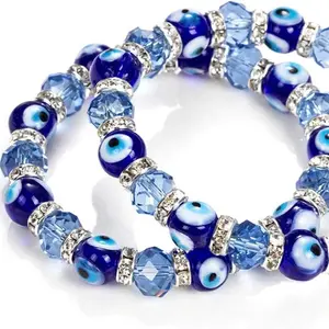 Blue Evil Eye Bracelet - Crystal Beads Protection Jewelry, Blue with Rhinestone Spacers daily use