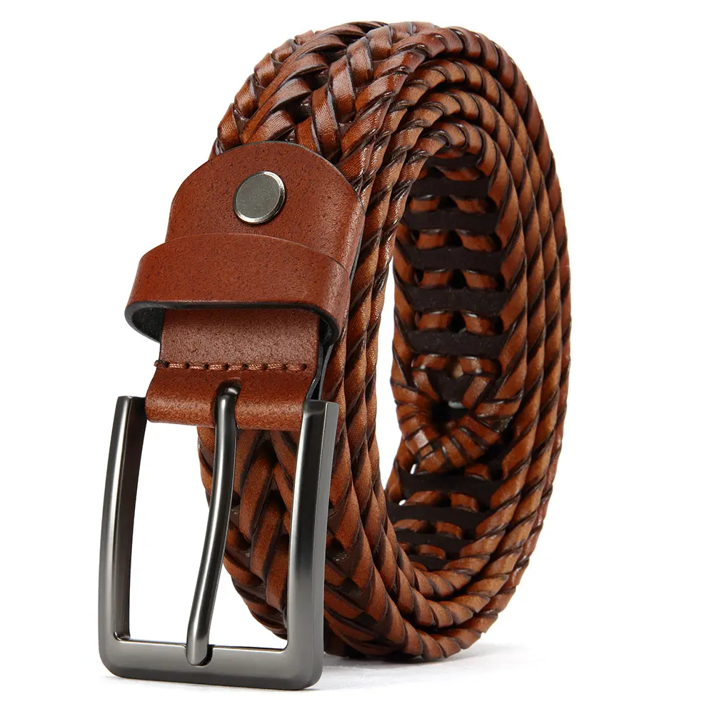 Men’s premium braided leather belt with a pin buckle featuring a sleek, classic square design; a sturdy, versatile belt that effortlessly moves from casual to streetwear—an ideal gift choice for Valentine’s Day and Father’s Day.