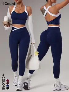Women's Yoga Sports Set, Spring Summer Style, Color-Blocked Crossback Vest & Waistband Tight-Fit Pants, Ideal for Fitness Training