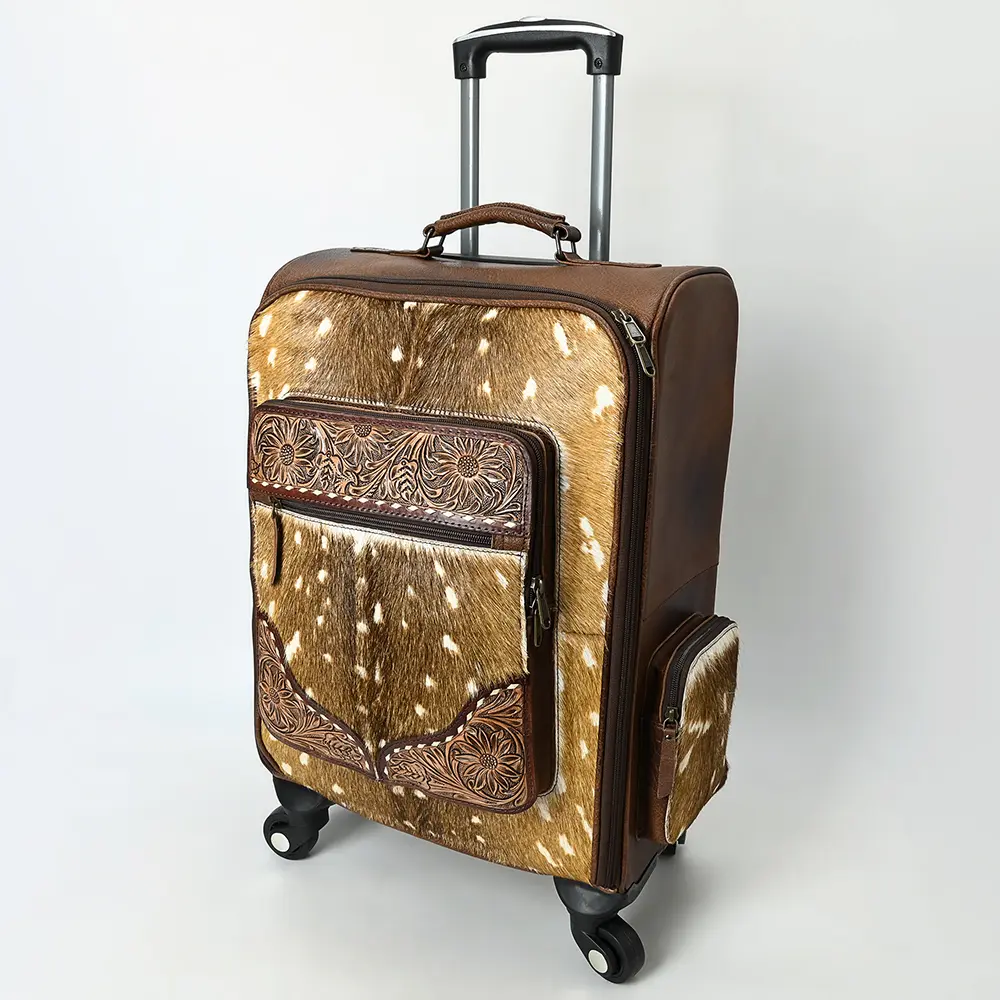 American Darling Western Leather Travel Case with Hair-On Cowhide, Hand-Tooled Accents, Genuine Leather Build, Rolling Wheels & Organized Interior