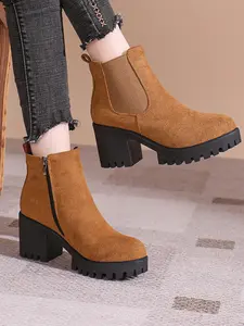 Women's Chelsea Boots, Simple Solid Color Slip-On Comfortable Fabric Shoes, Chunky High Heels, Thick Heeled Boots, All-Season Winter Footwear