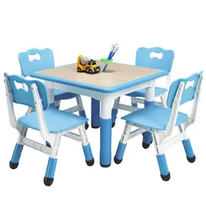 Adjustable Kids Table and 4 Chairs Set – Height Customizable, Multi-Activity Desk, Easy-Clean Graffiti-Resistant Surface, Non-Slip Legs, Sturdy Plastic, for Ages 2-10, Home, Study Area,Adjustable Kids Table and 4 Chairs Set