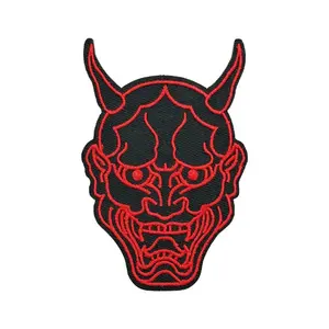 Japanese Oni Demon Mask Black & Red Embroidered Velcros Patch Morale, Tactical Hook & Loop Fastener for Backpacks, Bags Military