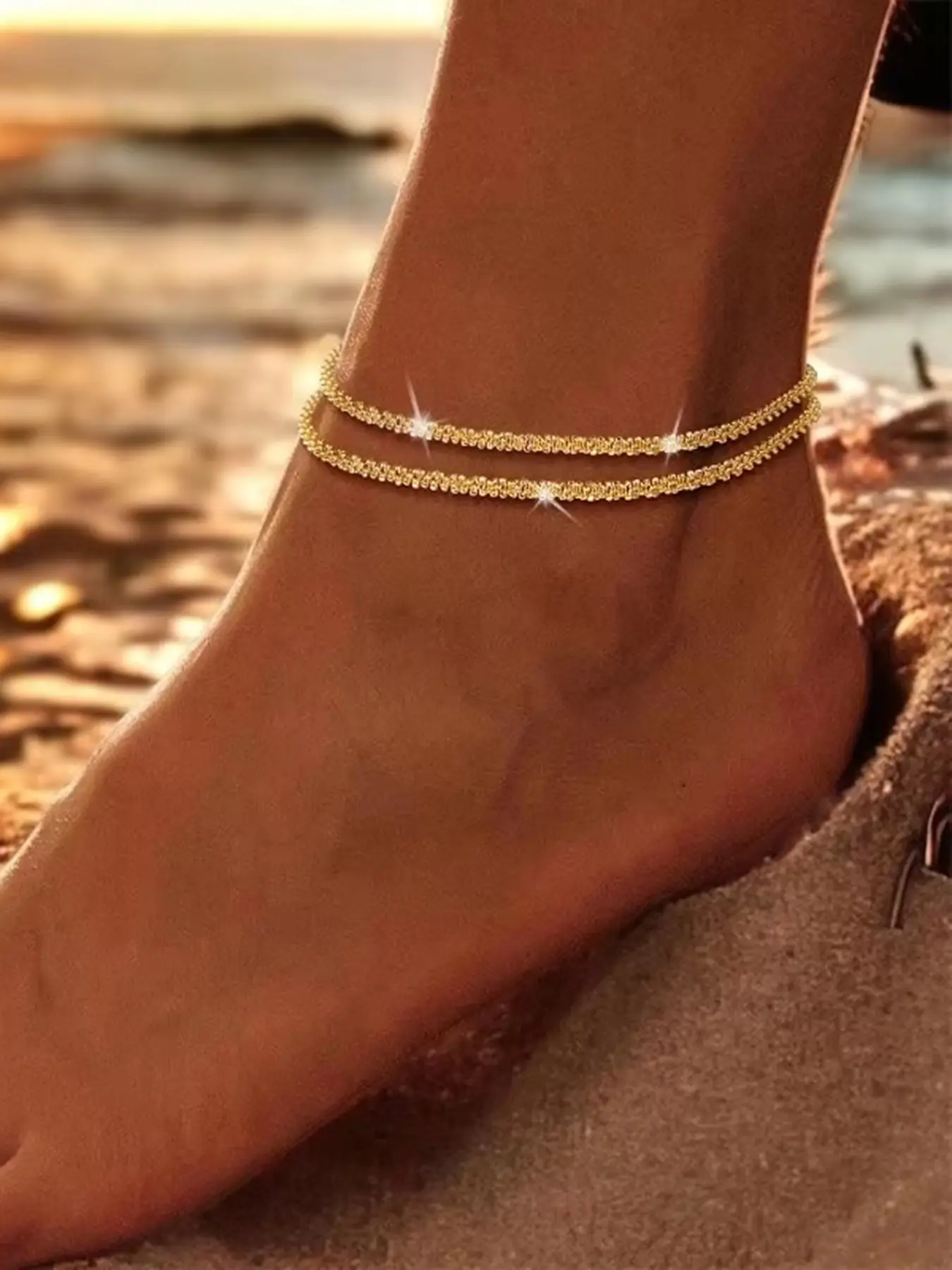 Women's Waterproof Anklet — Shiny, Waterproof, and Adjustable 14K Gold-Plated & Silver-Plated Multilayer Beaded Anklet/Bracelet for Women & Girls | Summer Jewelry Gift & Beach Foot Accessory Stackable Bracelets Dainty Layered Anklet