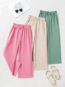 Girls 3-Pack Ribbed Paperbag Waist Wide Leg Pants Set, Elastic Waist Bow Tie Casual Trousers with Pink/Khaki/Green Stripes for Toddler Kids Summer & Daily Wear Elastic Waisted Pants