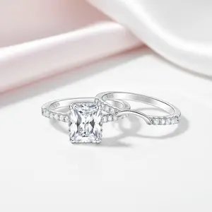 2Pcs Rectangle Cut Diamond Option with Hidden Halo Engagement Ring