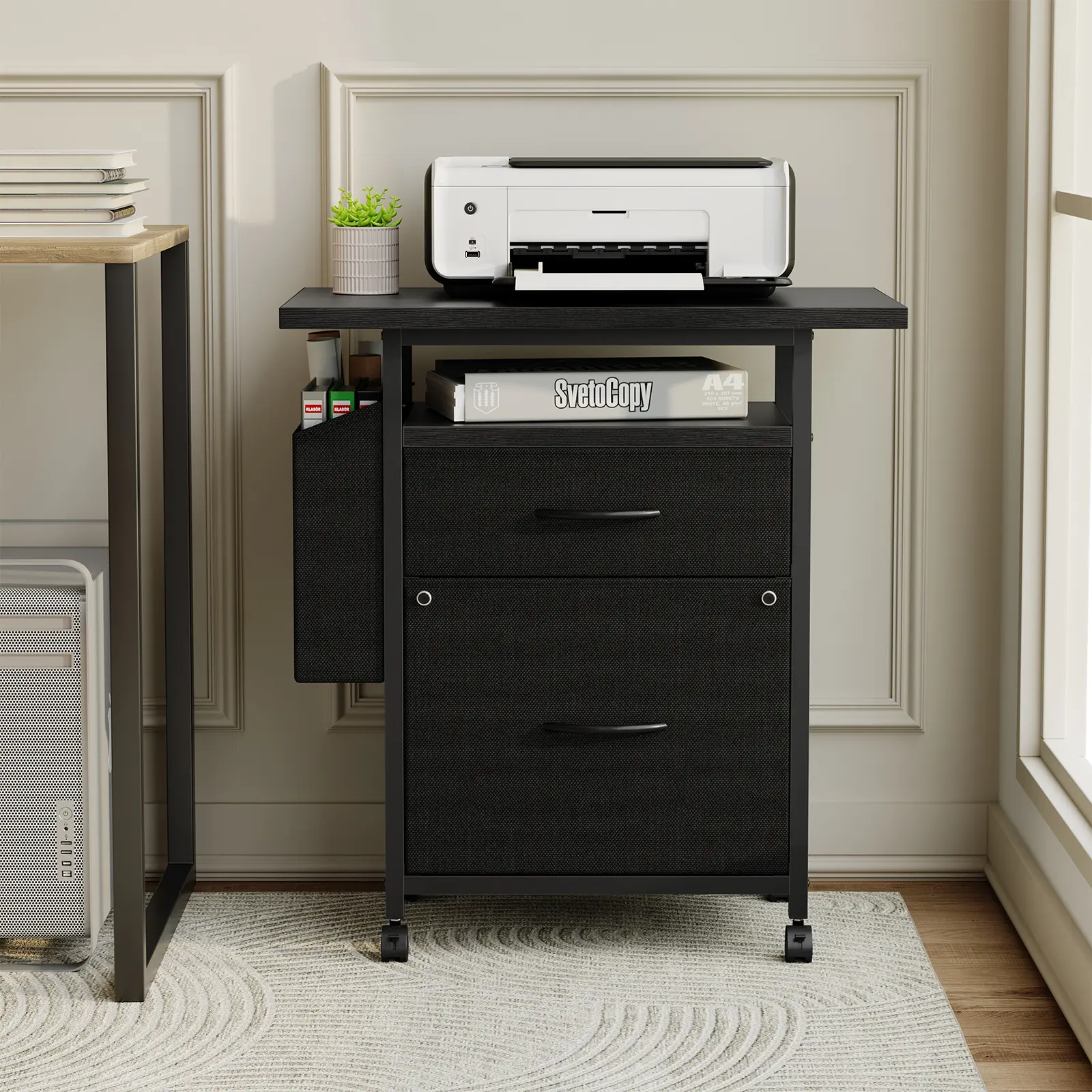 Mobile 2 Drawer File Cabinet, Rolling Printer Stand with Open Storage Shelf & Side Hanging Bag, Fabric Lateral Filing Cabinet with Lockable Wheels for Home Office Mobile 2 Drawer File Cabinet, Rolling Printer Stand with Open Storage Shelf & Side Hanging Bag, Fabric Lateral Filing Cabinet with Lockable Wheels for Home Office