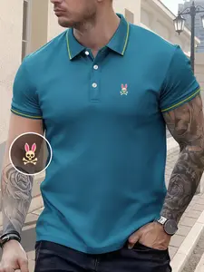 Men's Regular Fit Letter Print Contrast Trim Polo Shirt Skull Rabbit, Casual Short Sleeve Half Zip Top for Summer, Fashion Men's Clothes for Daily Wear, Tropical
