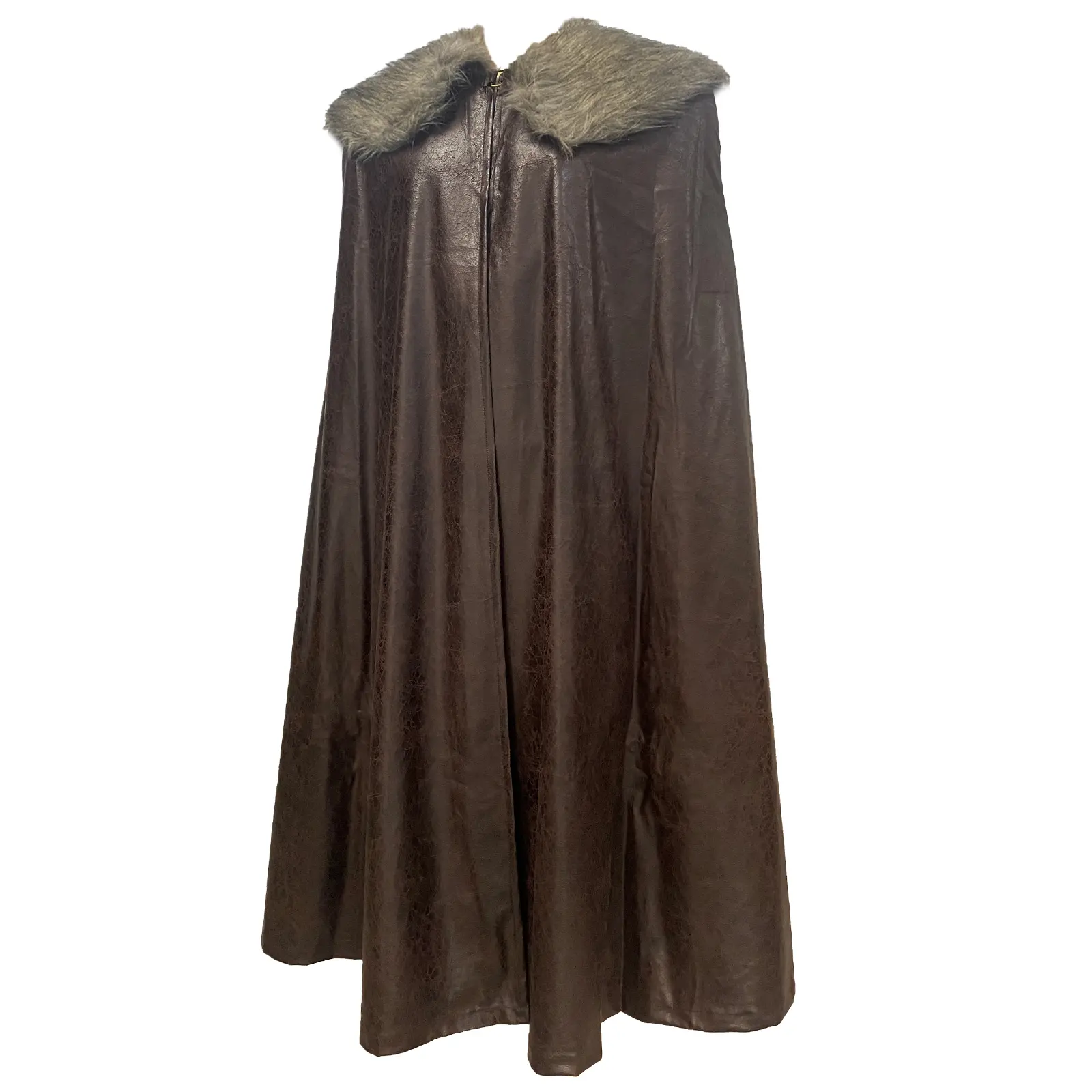 HiiFeuer Medieval Full-Length Cloak - Pu Leather, Faux Fur Trimmed Barbarian Shawl Wrap for Viking Warrior Renaissance Role Play, Dark Brown Loose-Cut Historical Clothes Accessory