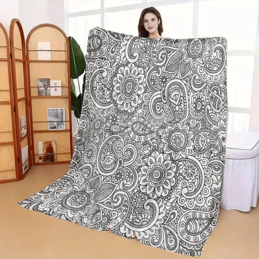 Black White Paisley Coloring Book Style Blanket, Soft Flannel Throw Blanket with Floral Mandala Boho Print, Cozy Gift for Women Girls Teens and Art Lovers, Aesthetic Room Decor for Bed Couch Sofa Bedroom Dorm, Lightweight Warm Blanket for Naptime