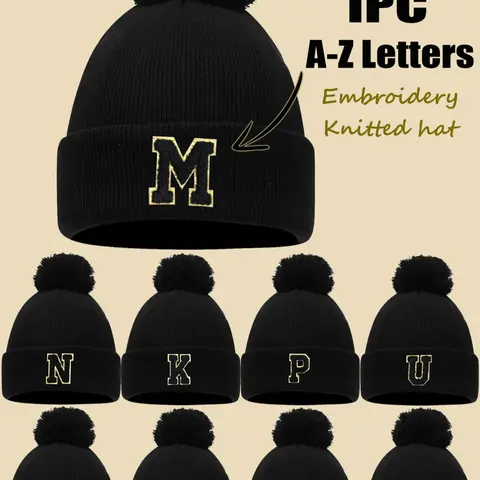 1Pc Black Custom A-Z Letter Pom Pom Knit Beanie, Cuffed Knit Hat, Stretchy Pullover Hat, For Teens 8-16 & Adults, Perfect for School, Hiking & Street Outfits, Thoughtful Birthday & Holiday Gift for Loved Ones