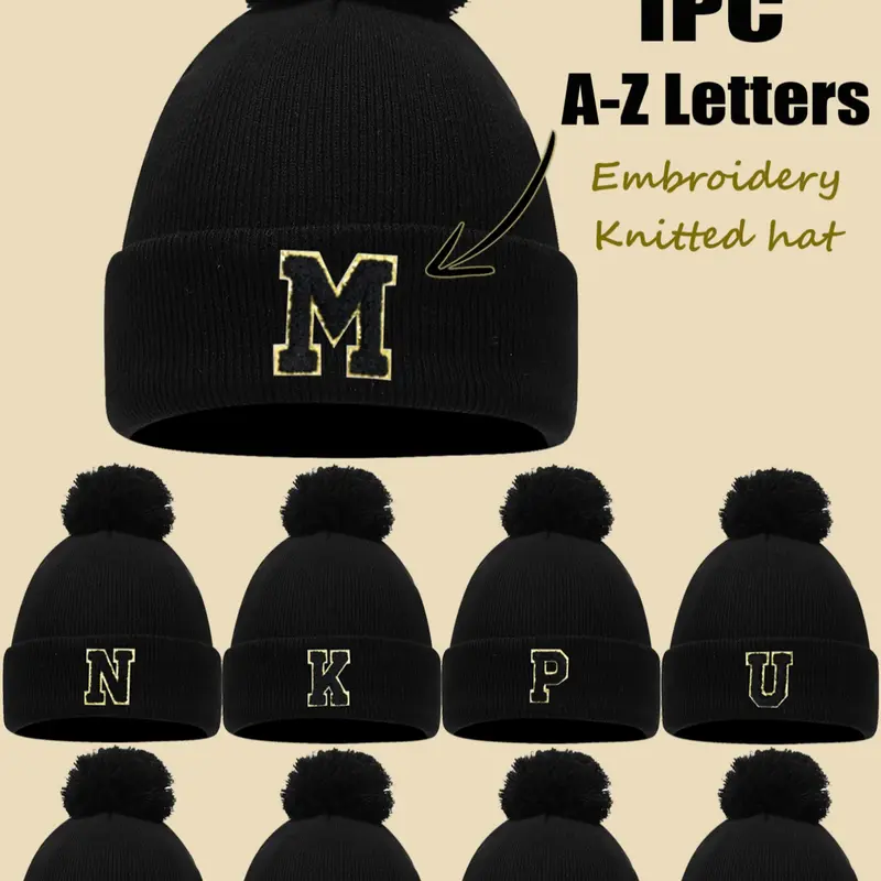1Pc Black Custom A-Z Letter Pom Pom Knit Beanie, Cuffed Knit Hat, Stretchy Pullover Hat, For Teens 8-16 & Adults, Perfect for School, Hiking & Street Outfits, Thoughtful Birthday & Holiday Gift for Loved Ones